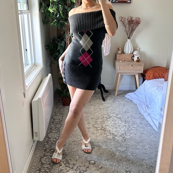 Y2k off shoulder bratz knit argyle mini dress - Picture 4 of 4